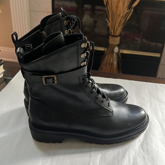 Antonio Melani Black Dylan Buckle Leather Lug Sole Combat Booties. - Picture 3 of 15